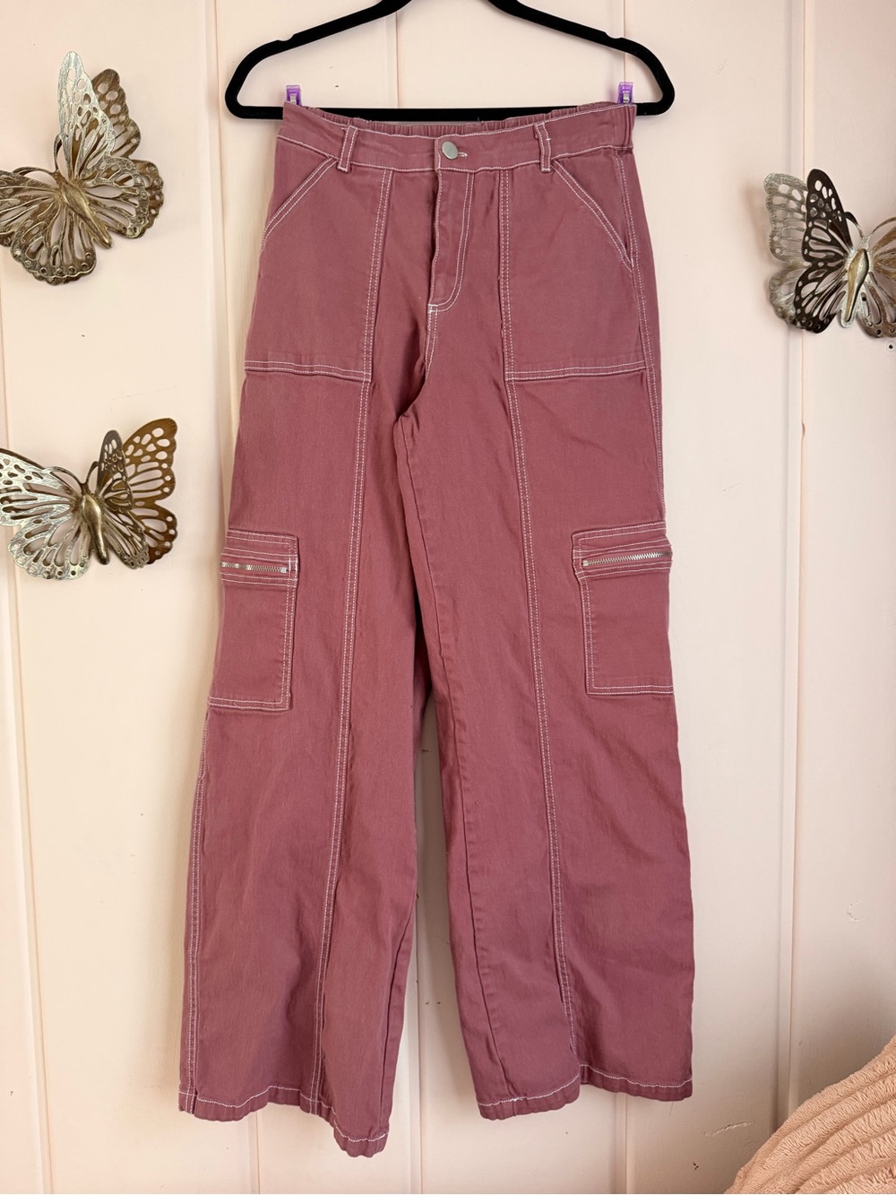 Rachel Paige High-Rise Wide-Leg Cargo Pants in Dusty Mauve SzL